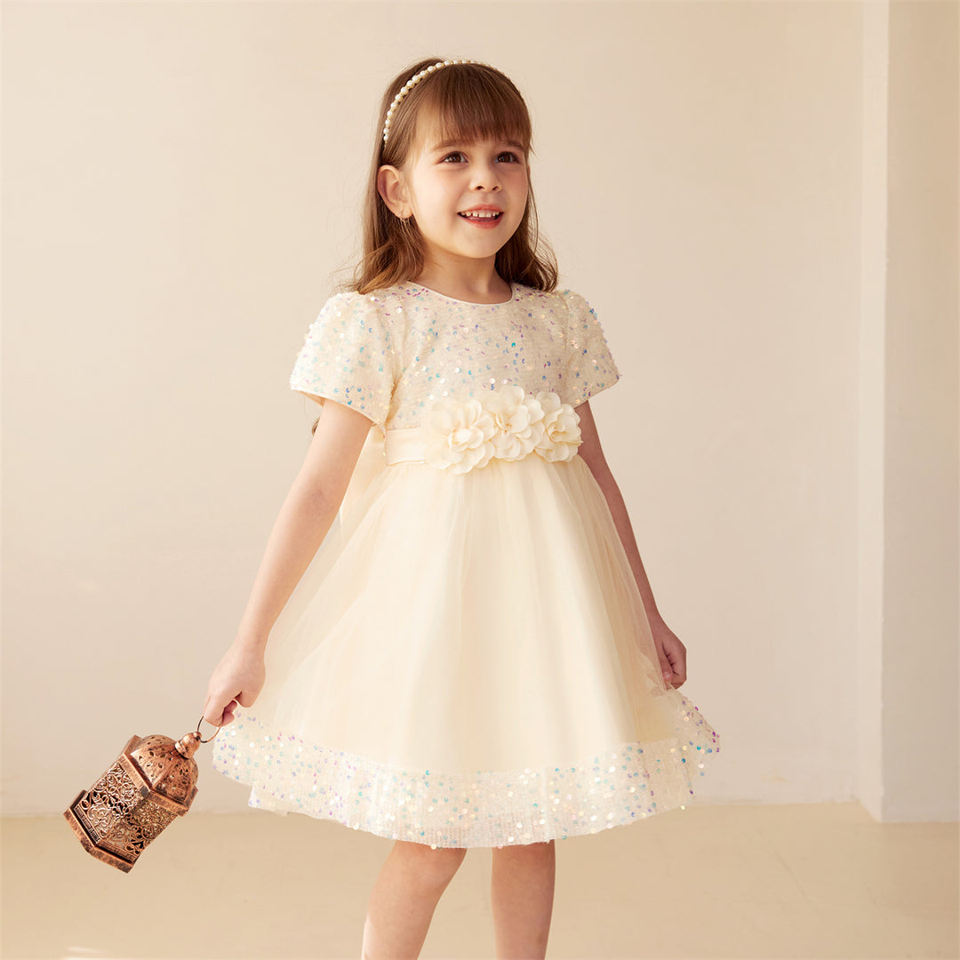 Robe cérémonie fille ceinture dorée blanc Robe cérémonie fille ceinture dorée blanc